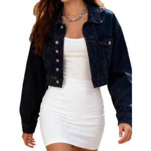 EMMIOL Cropped Denim Jacket for Women Vintage, Oversized Jean Jacket Distressed Dark Wash, Baggy Short Coat(Indigo Blue)