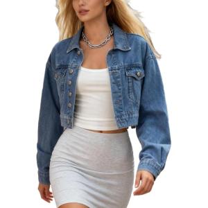 EMMIOL Cropped Denim Jacket for Women Vintage, Oversized Jean Jacket Distressed Dark Wash, Baggy Short Coat(Light Blue)