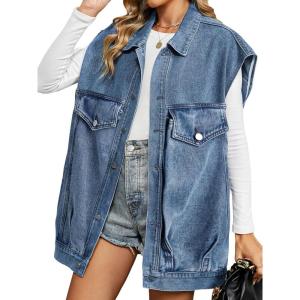 EMMIOL Denim Vest Womens Oversized Casual Jean Waistcoat Frayed Sleeveless Jacket Vest with Pockets(B Blue)