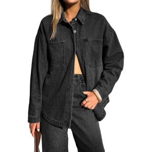 EMMIOL Women Denim Shirts Oversized Long Sleeve Button Down Blouse Distresse Jean Jacket Fall Outfits 2025(Black)