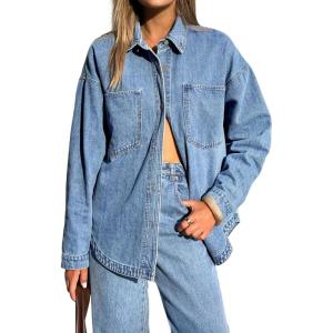 EMMIOL Women Denim Shirts Oversized Long Sleeve Button Down Blouse Distresse Jean Jacket Fall Outfits 2025(Light Blue)
