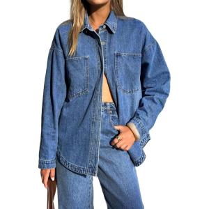 EMMIOL Women Denim Shirts Oversized Long Sleeve Button Down Blouse Distresse Jean Jacket Fall Outfits 2025(Mid Blue)