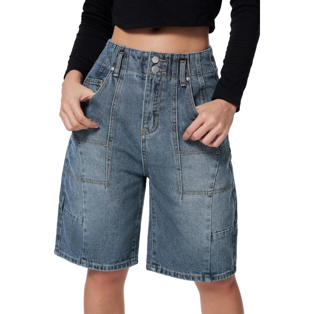 imageEMMIOL Womens Jorts Denim Shorts Y2k Vintage Baggy Mid Rise Bermuda Jeans Summer Knee Length Jort Short PantsBlue