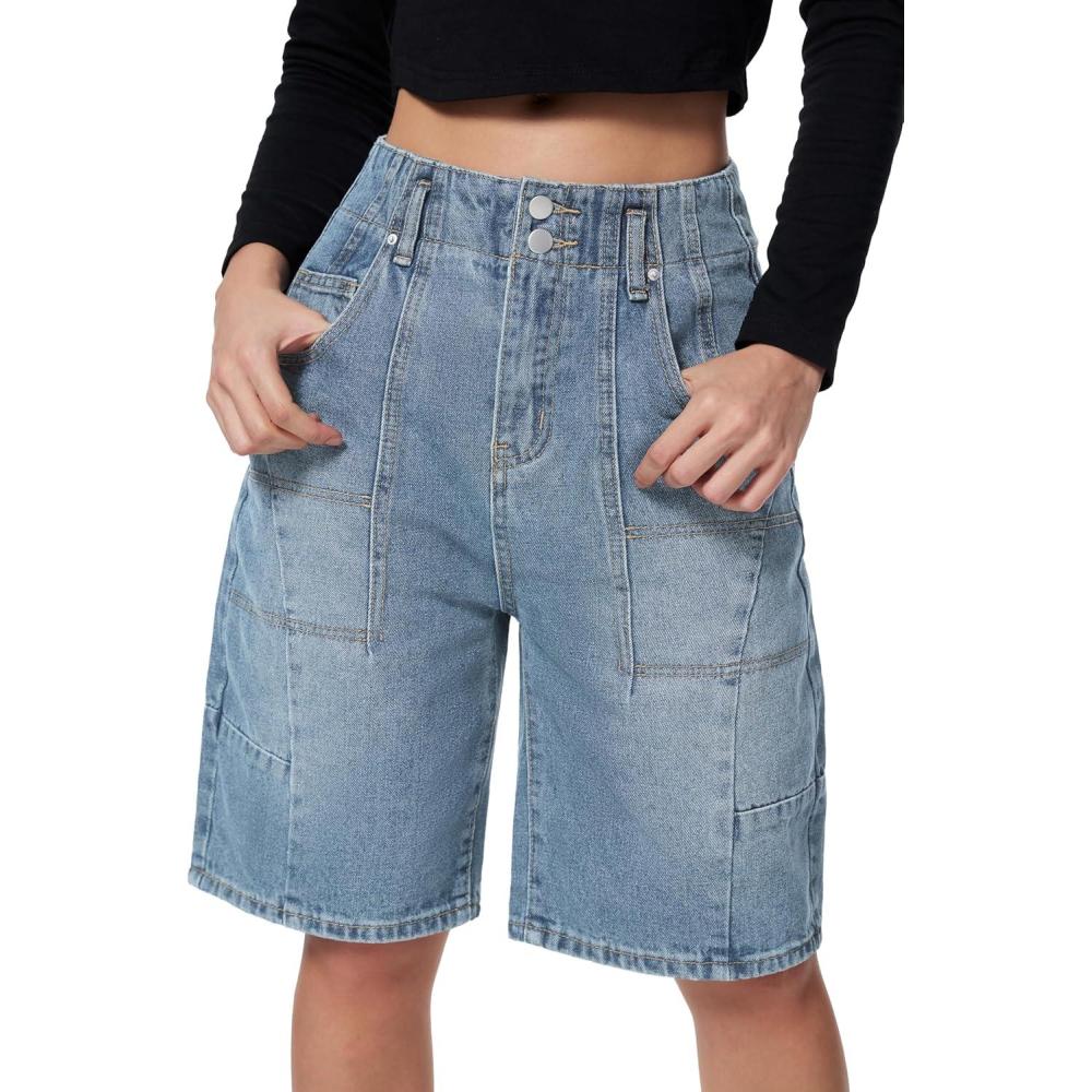 imageEMMIOL Womens Jorts Denim Shorts Y2k Vintage Baggy Mid Rise Bermuda Jeans Summer Knee Length Jort Short PantsLight Blue