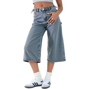 EMMIOL Womens Jorts Denim Shorts Y2k Vintage Baggy Mid Rise Bermuda Jeans Summer Knee Length Jort Short Pants(Light Blue Cropped Jeans)