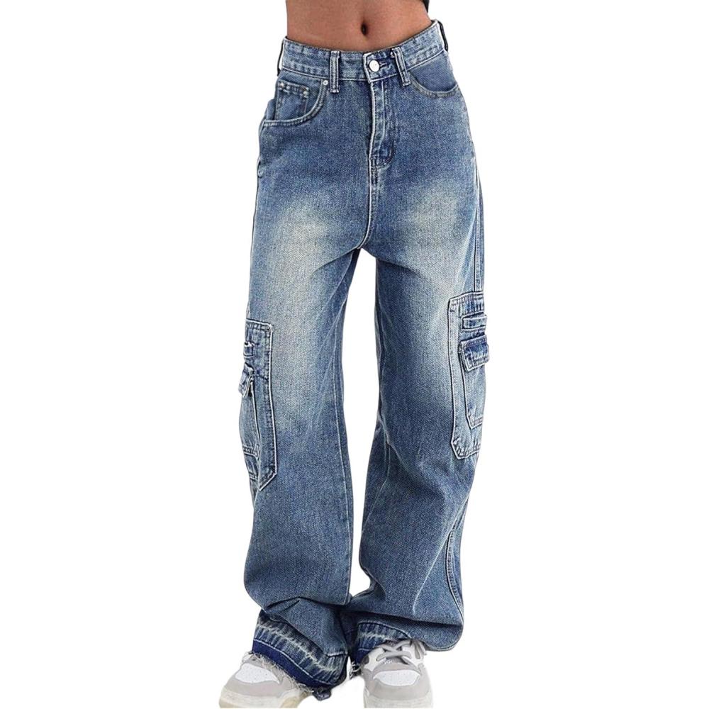 imageEMMIOL Cargo Pants Women Stretchy Wide Leg Baggy Jeans with Pockets Casual Trousers Y2K Vintage Streetwear Trendy 2025Dark Blue01