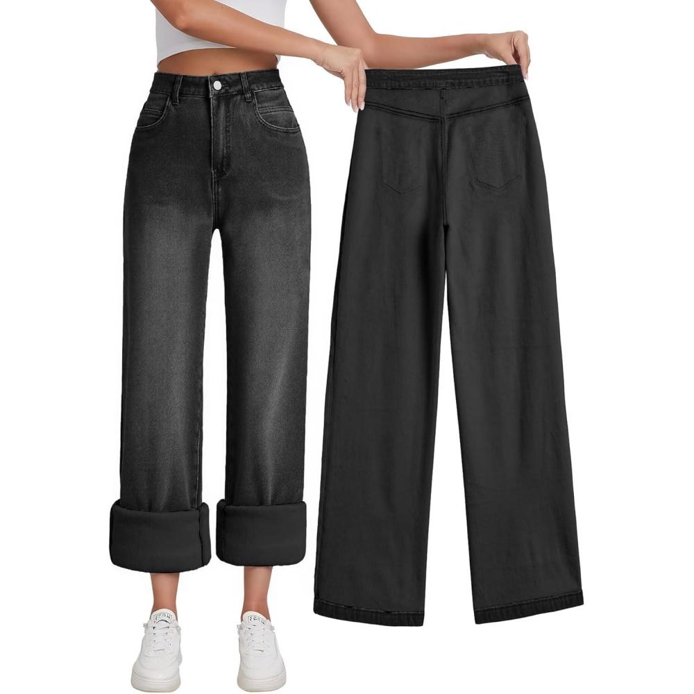 imageEMMIOL Women Baggy Jeans MidLow Waist Boyfriend Streetwear Vintage Jeans Wide Leg Denim PantsBlackwarm Fleece Lined