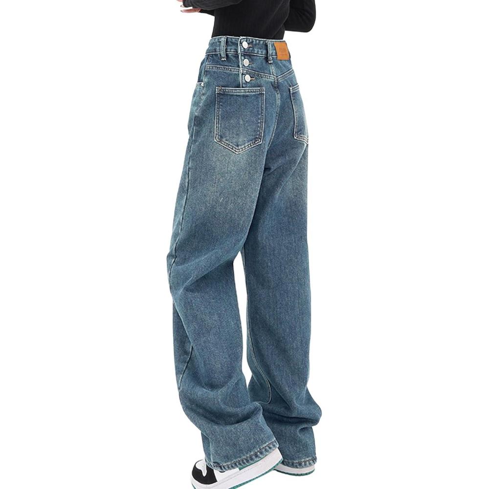 imageEMMIOL Women Baggy Jeans MidLow Waist Boyfriend Streetwear Vintage Jeans Wide Leg Denim PantsBlue076