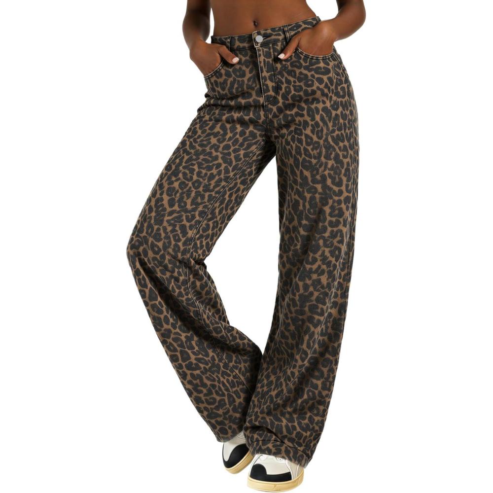 imageEMMIOL Women Baggy Jeans MidLow Waist Boyfriend Streetwear Vintage Jeans Wide Leg Denim PantsBrown Leopard Print