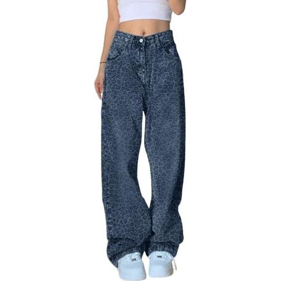 imageEMMIOL Women Baggy Jeans MidLow Waist Boyfriend Streetwear Vintage Jeans Wide Leg Denim PantsLeopard Printblue