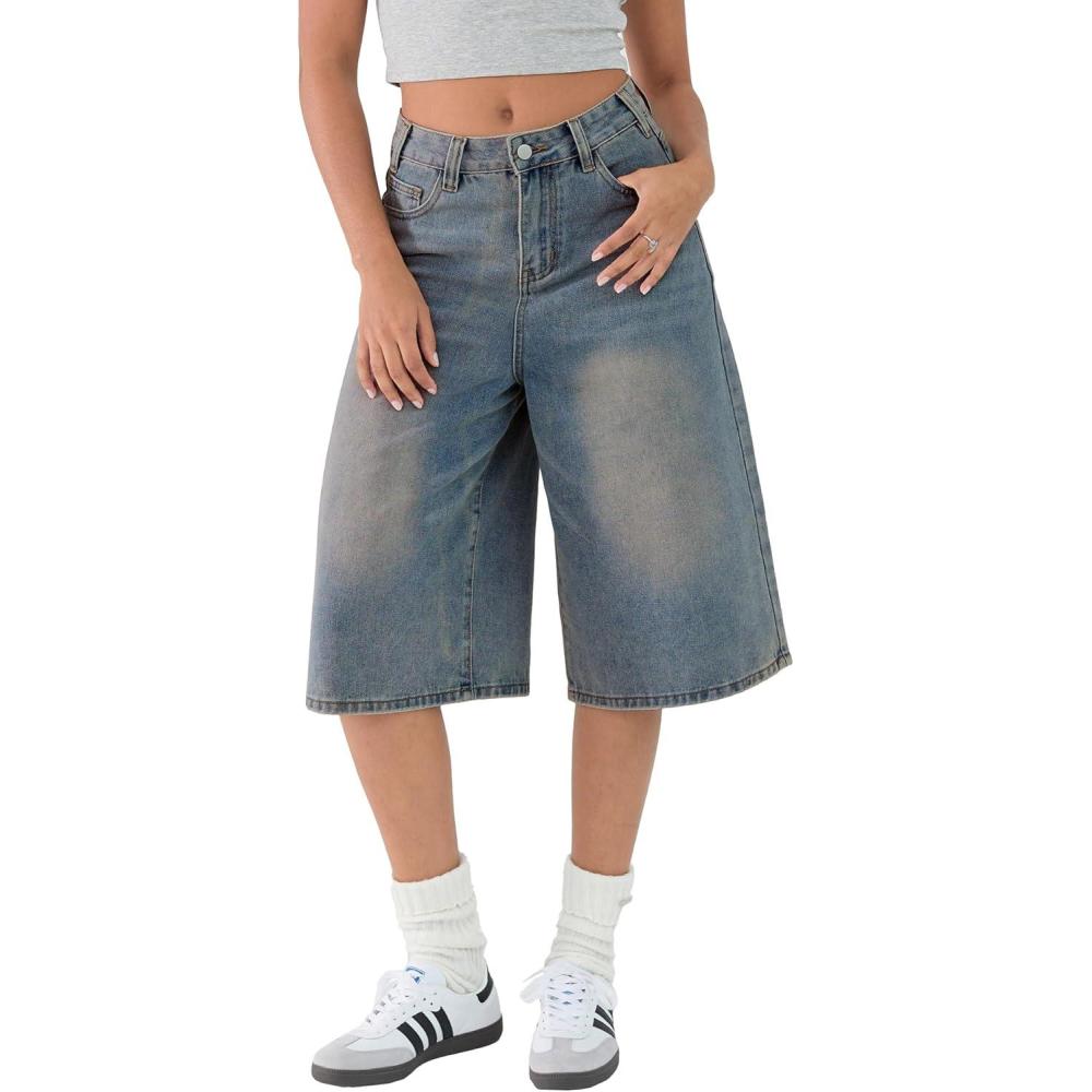 imageEMMIOL Women Jean Jorts Baggy Loose Fit Jean Shorts 2025 Summer Trendy Wide Leg Long Denim Shorts Y2K ClothesBb001dark Blue