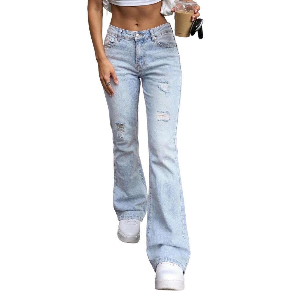 imageEMMIOL Womens Classic Straight Leg Jeans Stretchy High Waisted Flare Bell Bottom Jeans Basic Bootcut Denim Pants Trendy FallMid Rise Snow Blue