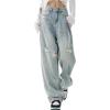 EMMIOL Women Baggy Jeans Mid-Low Waist Boyfriend Streetwear Vintage Jeans Wide Leg Denim Pants(Hole-light Blue)