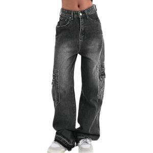 EMMIOL Cargo Pants Women Stretchy Wide Leg Baggy Jeans with Pockets Casual Trousers Y2K Vintage Streetwear Trendy 2025(Black01)