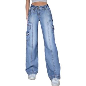 EMMIOL Cargo Pants Women Stretchy Wide Leg Baggy Jeans with Pockets Casual Trousers Y2K Vintage Streetwear Trendy 2025(Blue)