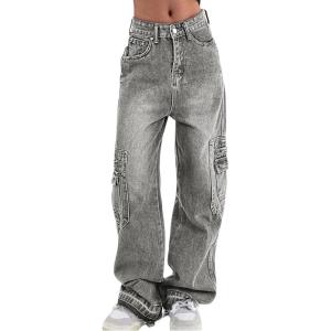 EMMIOL Cargo Pants Women Stretchy Wide Leg Baggy Jeans with Pockets Casual Trousers Y2K Vintage Streetwear Trendy 2025(Gray01)