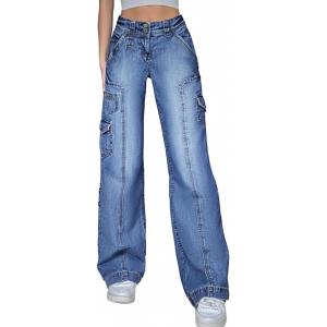 EMMIOL Cargo Pants Women Stretchy Wide Leg Baggy Jeans with Pockets Casual Trousers Y2K Vintage Streetwear Trendy 2025(Mid Blue)