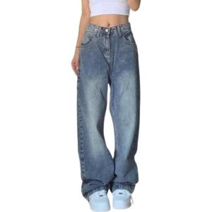 EMMIOL Women Baggy Jeans Mid-Low Waist Boyfriend Streetwear Vintage Jeans Wide Leg Denim Pants(Blue)