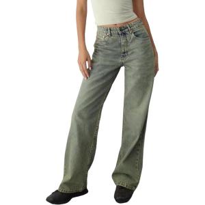 EMMIOL Women Baggy Jeans Mid-Low Waist Boyfriend Streetwear Vintage Jeans Wide Leg Denim Pants(Blue-green001)