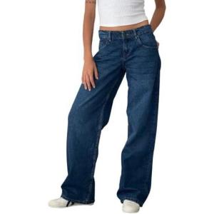 EMMIOL Women Baggy Jeans Mid-Low Waist Boyfriend Streetwear Vintage Jeans Wide Leg Denim Pants(Deep Blue)