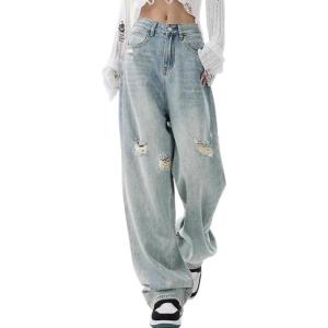 EMMIOL Women Baggy Jeans Mid-Low Waist Boyfriend Streetwear Vintage Jeans Wide Leg Denim Pants(Hole-light Blue)