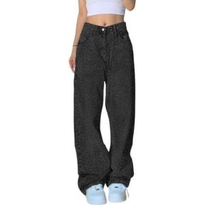 EMMIOL Women Baggy Jeans Mid-Low Waist Boyfriend Streetwear Vintage Jeans Wide Leg Denim Pants(Leopard Print-black)