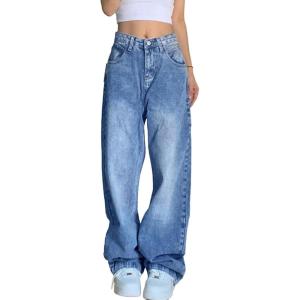 EMMIOL Women Baggy Jeans Mid-Low Waist Boyfriend Streetwear Vintage Jeans Wide Leg Denim Pants(Sky Blue)