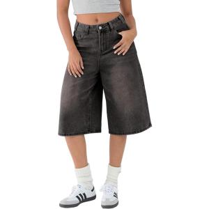 EMMIOL Women Jean Jorts Baggy Loose Fit Jean Shorts 2025 Summer Trendy Wide Leg Long Denim Shorts Y2K Clothes(Bb001-black)
