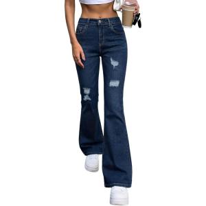 EMMIOL Women’s Classic Straight Leg Jeans Stretchy High Waisted Flare Bell Bottom Jeans Basic Bootcut Denim Pants Trendy Fall(High Rise Dark Blue)