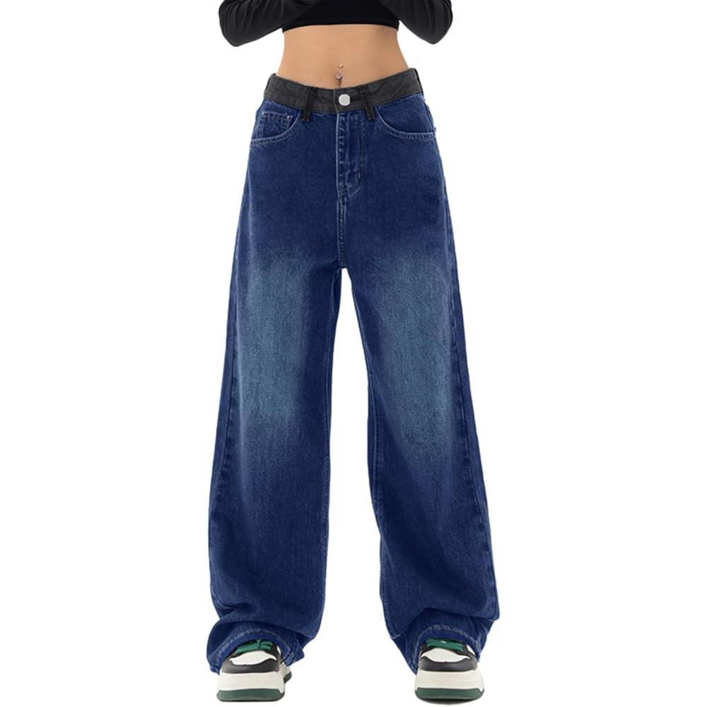 imageEMMIOL Women Baggy Jeans Patchwork MidLow Waist Wide Leg Jeans Boyfriends Pants 90s Loose Denim PantsDark Blue