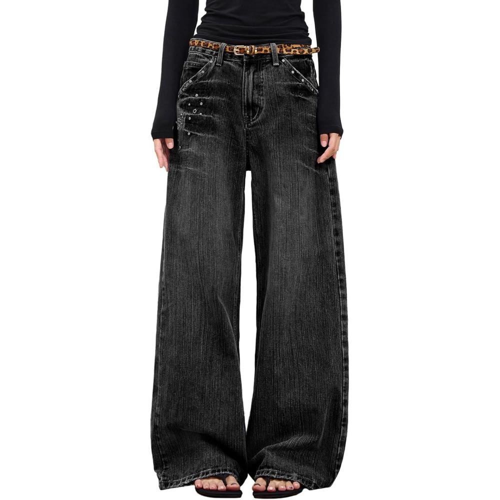 imageEMMIOL Womens Rivet Beading Rhinestone Wide Leg Jeans Low Rise Baggy Jeans Straight Denim Pants Trendy FallBb001black