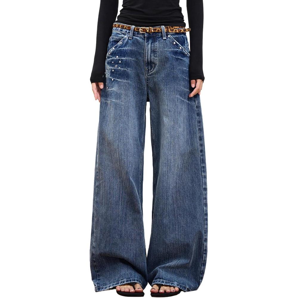 imageEMMIOL Womens Rivet Beading Rhinestone Wide Leg Jeans Low Rise Baggy Jeans Straight Denim Pants Trendy FallBb001dark Blue