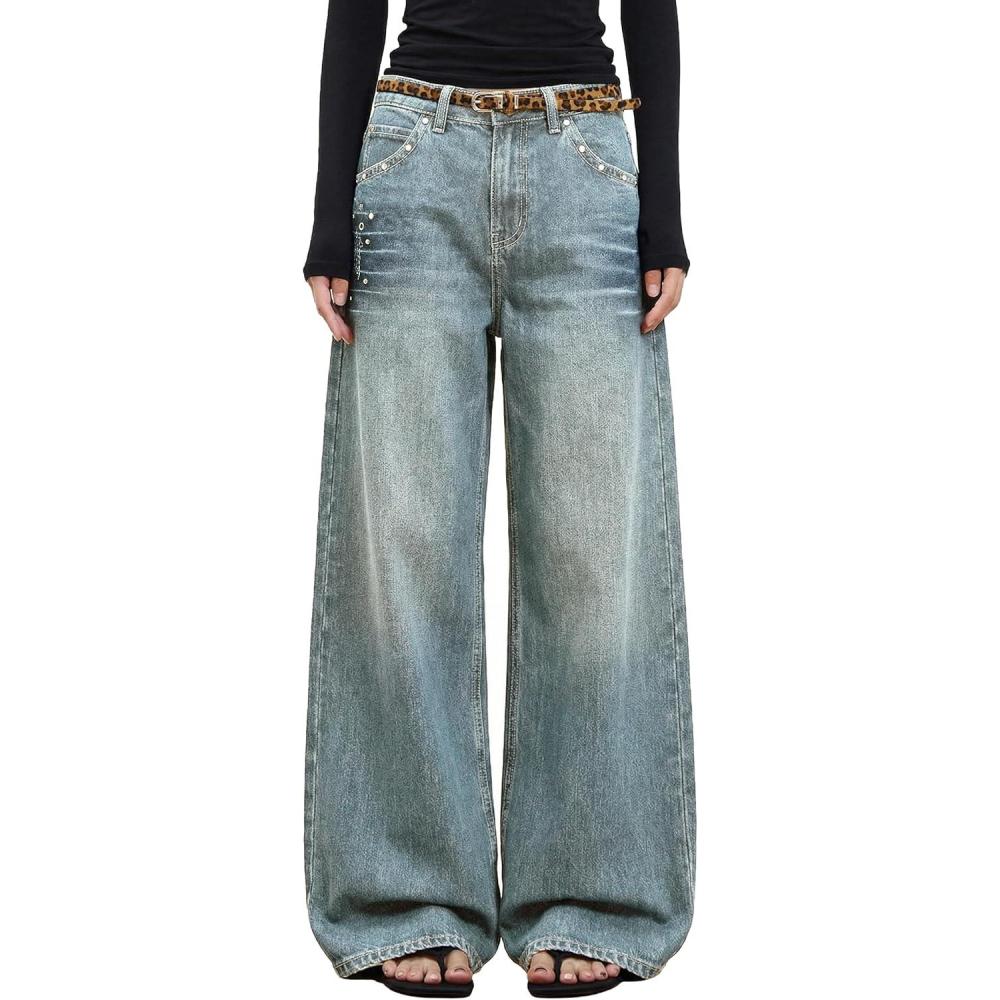 imageEMMIOL Womens Rivet Beading Rhinestone Wide Leg Jeans Low Rise Baggy Jeans Straight Denim Pants Trendy FallBb002old Blue