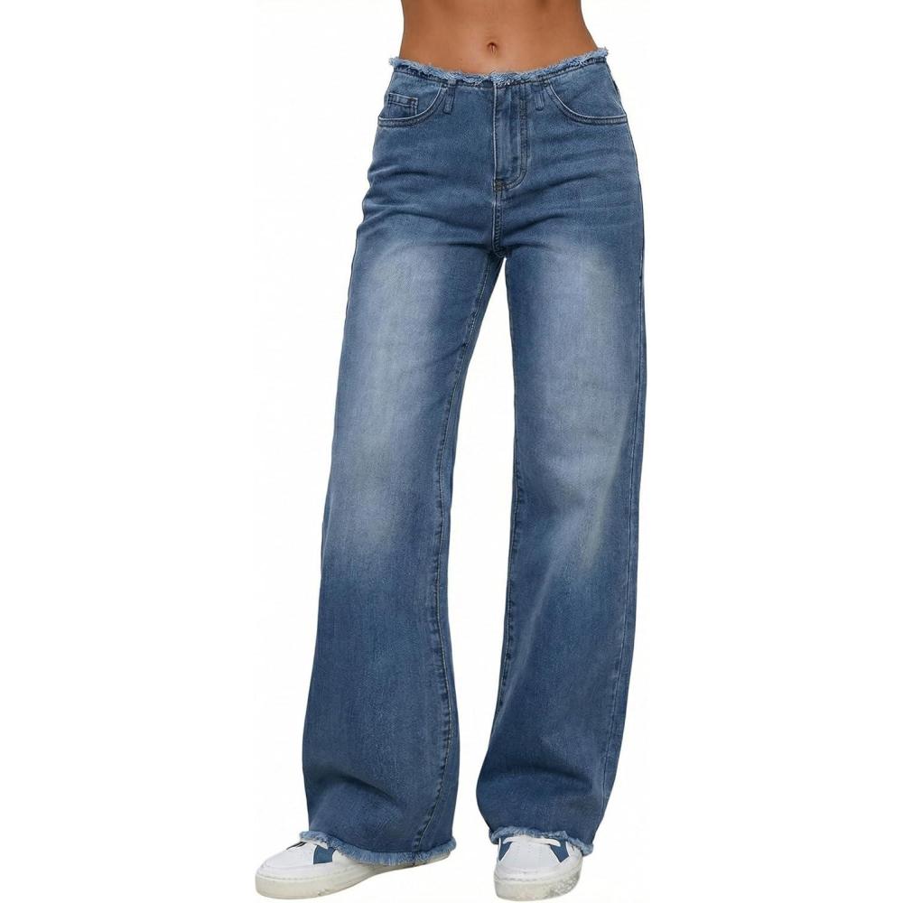 imageEMMIOL Womens Wide Leg Jeans Baggy Jeans Mid Rise Straight Leg Stretch Raw Hem Denim Pants Fall Outfits