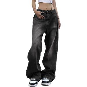 EMMIOL Women Wide Leg Jeans Mid-Low Waist Baggy Jeans Loose Boyfriends Jeans Y2K 90s Denim Pants(Black)