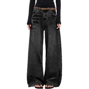 EMMIOL Womens Rivet Beading Rhinestone Wide Leg Jeans Low Rise Baggy Jeans Straight Denim Pants Trendy Fall(Bb001-black)