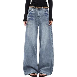 EMMIOL Womens Rivet Beading Rhinestone Wide Leg Jeans Low Rise Baggy Jeans Straight Denim Pants Trendy Fall(Bb001-light Blue)