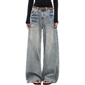 EMMIOL Womens Rivet Beading Rhinestone Wide Leg Jeans Low Rise Baggy Jeans Straight Denim Pants Trendy Fall(Bb001-retro Blue)