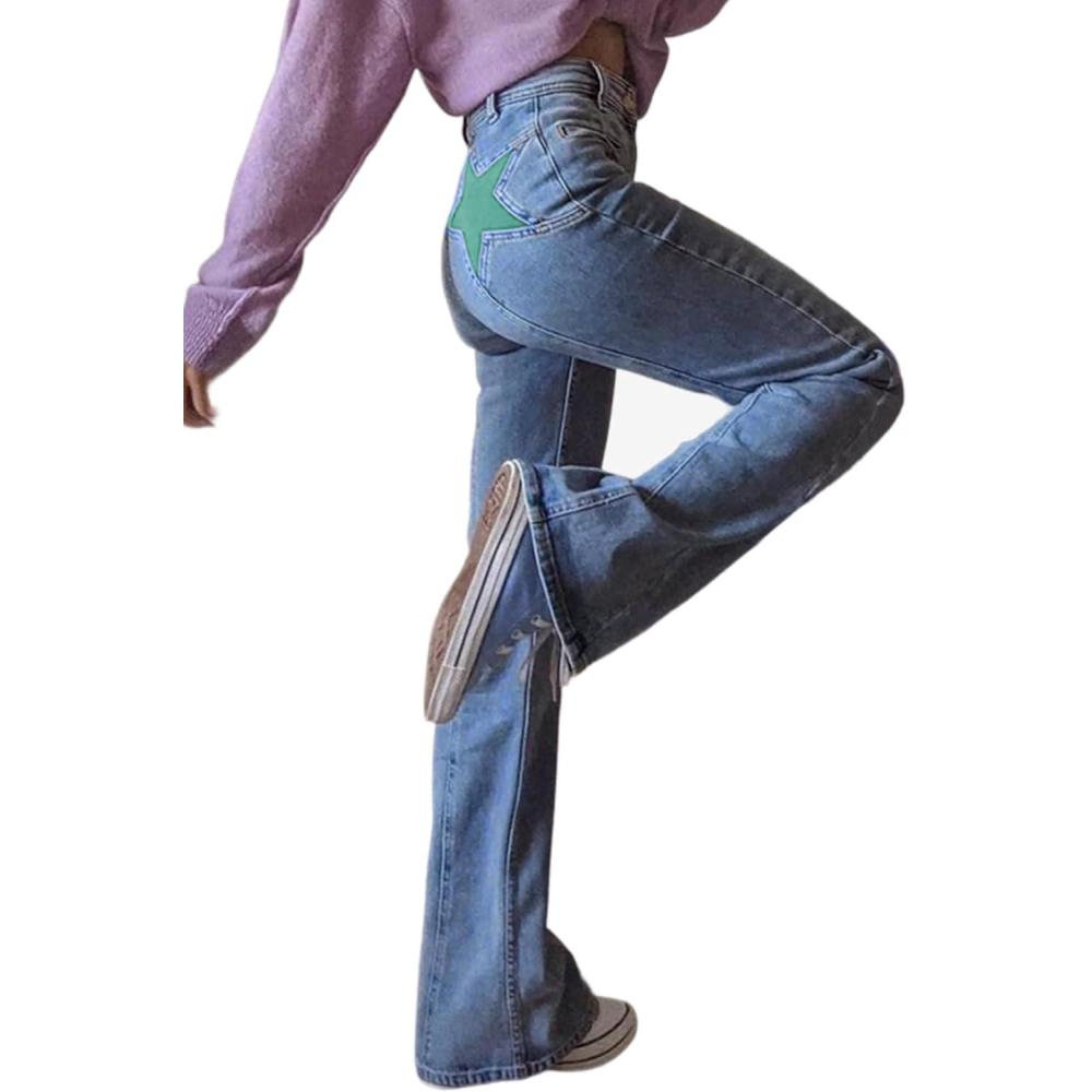 imageEMMIOL Womens High Waisted Flare Jeans with Star Patches Vintage Y2K Denim PantsDark Blue