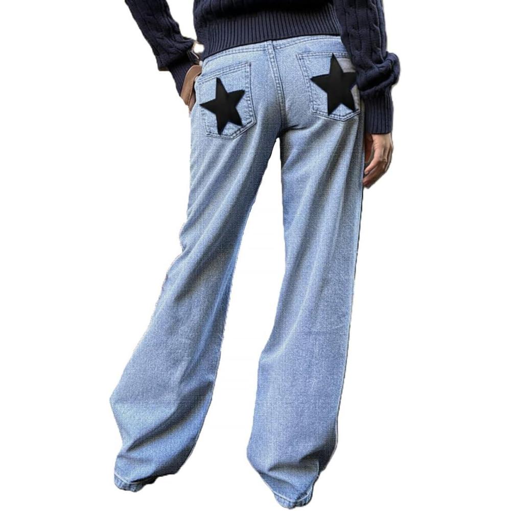 imageEMMIOL Womens High Waisted Flare Jeans with Star Patches Vintage Y2K Denim PantsLight Blue 04