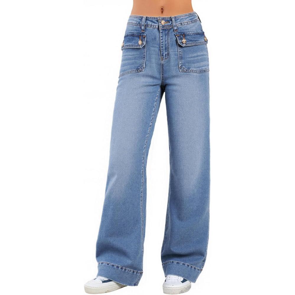 imageEmmiol Women Wide Leg Jeans Tummy Control Waisted Straight Stretchy Denim Pants with PocketsBlight Blue