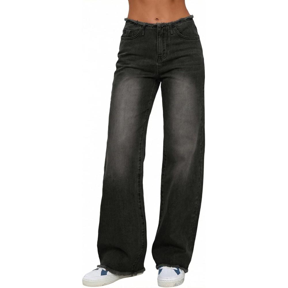 imageEmmiol Women Wide Leg Jeans Tummy Control Waisted Straight Stretchy Denim Pants with PocketsCblack