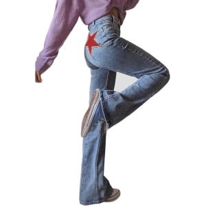 EMMIOL Women’s High Waisted Flare Jeans with Star Patches, Vintage Y2K Denim Pants(Medium Blue)