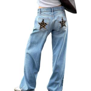 EMMIOL Women’s High Waisted Flare Jeans with Star Patches, Vintage Y2K Denim Pants(Vintage Blue 05)