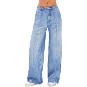 EMMIOL Women’s Wide Leg Jeans Baggy Jeans Mid Waist Stretch Boyfriend Denim Pants Vintage Trousers with Pocket(Light Blue-014)