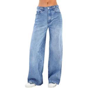 EMMIOL Women’s Wide Leg Jeans Baggy Jeans Mid Waist Stretch Boyfriend Denim Pants Vintage Trousers with Pocket(Light Blue-015)