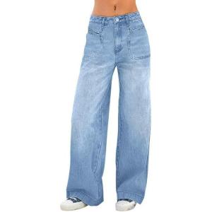 EMMIOL Women’s Wide Leg Jeans Baggy Jeans Mid Waist Stretch Boyfriend Denim Pants Vintage Trousers with Pocket(Mid Blue-013)