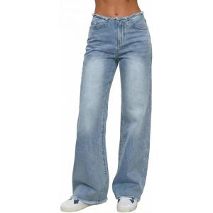 Emmiol Women Wide Leg Jeans Tummy Control Waisted Straight Stretchy Denim Pants with Pockets(C-light Blue)