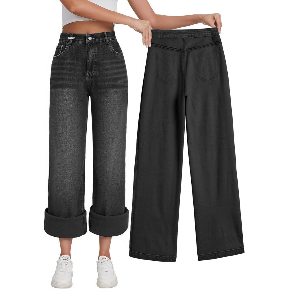 imageEMMIOL Jeans for Women Wide Leg Baggy Jeans Y2K Casual Loose Boyfriends Trousers Vintage StreetwearBlackwarm Fleece Lined