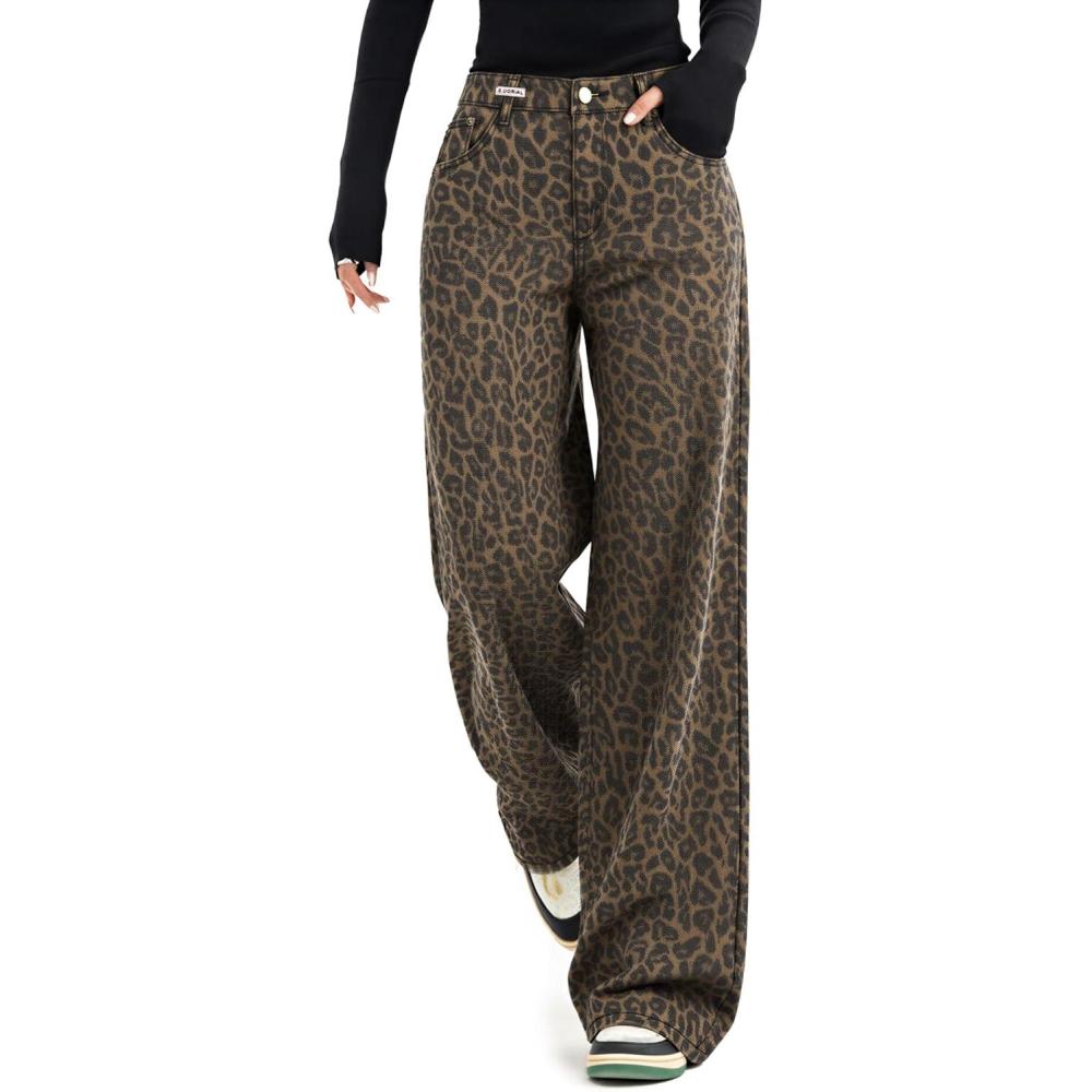 imageEMMIOL Jeans for Women Wide Leg Baggy Jeans Y2K Casual Loose Boyfriends Trousers Vintage StreetwearBrown Leopard Print